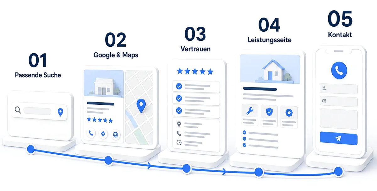 Der lokale Anfrageweg in fünf Stationen Fünf Stationen einer lokalen Anfrage, durch eine Linie verbunden: passende Suche, Eintrag in Google und Google Maps, Bewertungen und Profildaten als Vertrauensbeleg, passende Leistungsseite und schließlich das Kontaktformular auf dem Smartphone