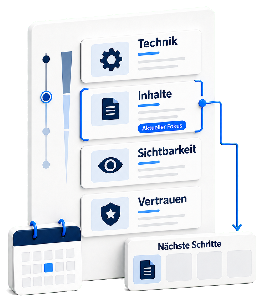 SEO-Priorisierung: aktueller Fokus und nächste Schritte Illustration einer SEO-Prioritätenliste mit Technik, Inhalte, Sichtbarkeit und Vertrauen, wobei Inhalte als aktueller Fokus markiert ist