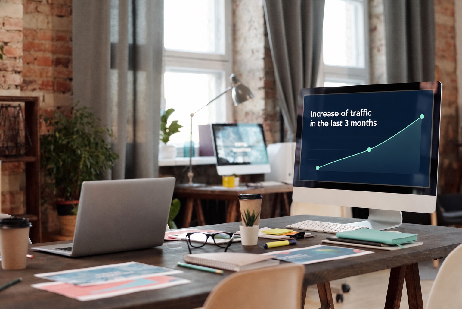 SEO-Betreuung: organische Besucher über Monate aufbauen Schreibtisch mit Monitor, auf dem ein über drei Monate steigender Verlauf der Website-Besucher zu sehen ist