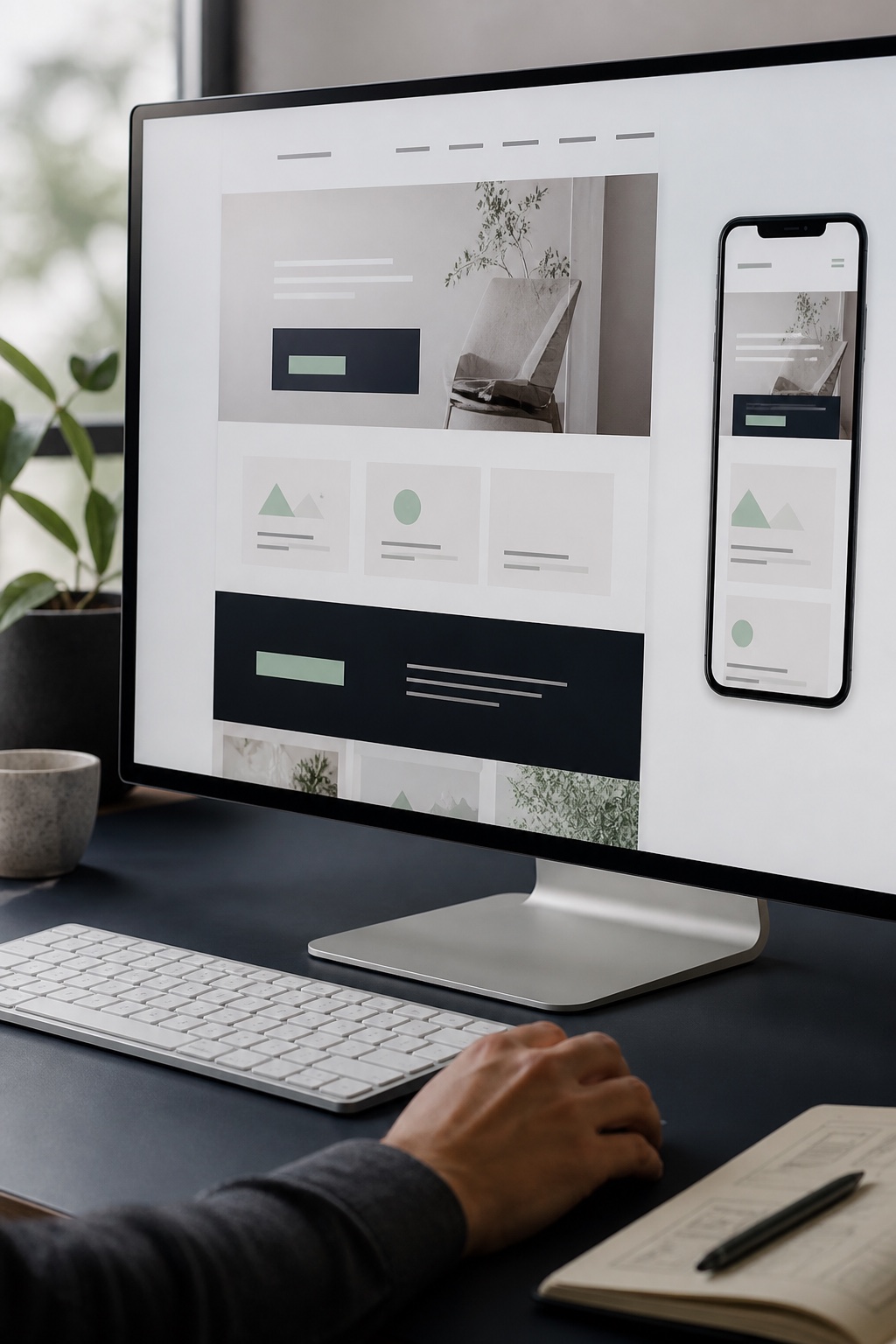 Website erstellen: ein Entwurf für Bildschirm und Smartphone Monitor mit einem Website-Entwurf, daneben ein Smartphone mit derselben Seite in der mobilen Ansicht