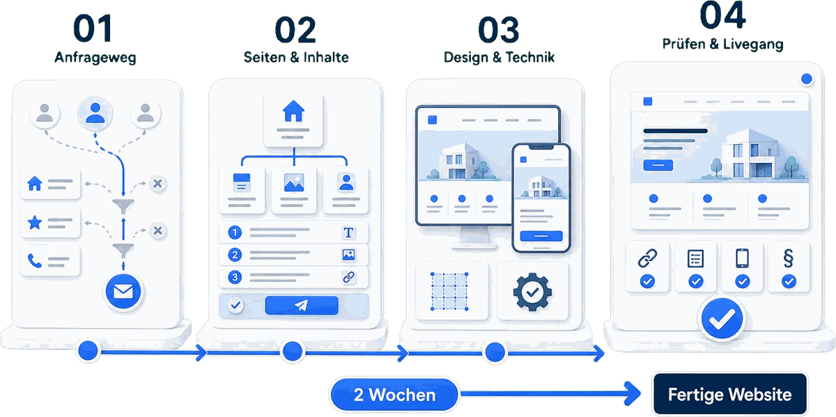 Ablauf in vier Schritten: Anfrageweg klären, Seiten und Inhalte festlegen, Design und Technik umsetzen, prüfen und live gehen — nach zwei Wochen steht die fertige Website