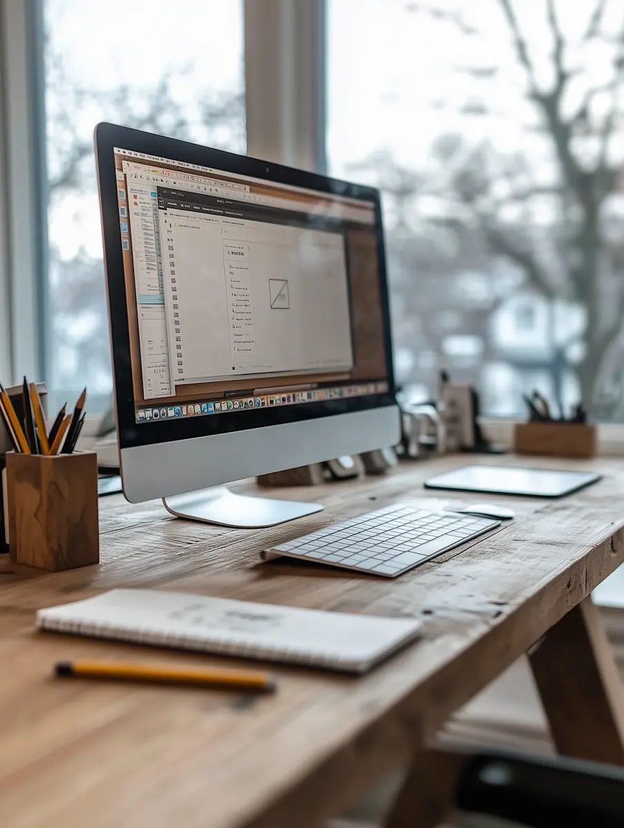 Website Start: Aufbau einer neuen Unternehmenswebsite Aufgeräumter Holzschreibtisch mit Monitor, Tastatur und Notizblock am Fenster