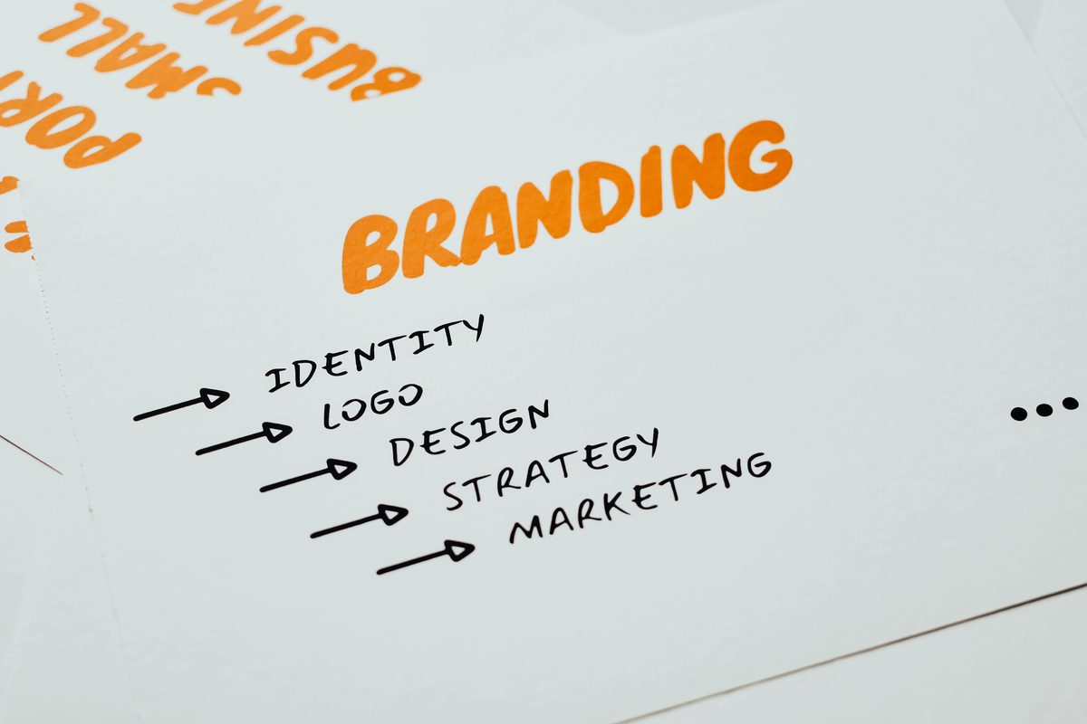 Markenarbeit: Identität und Strategie stehen vor dem Entwurf Notizblatt mit dem Wort Branding und Pfeilen zu Identity, Logo, Design, Strategy und Marketing